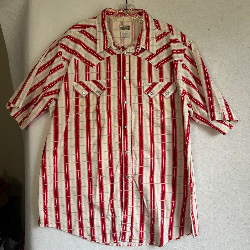 Express Rider‎ Mens 2XL Western Snap Shirt Red White Striped Short Sleeve Cotton